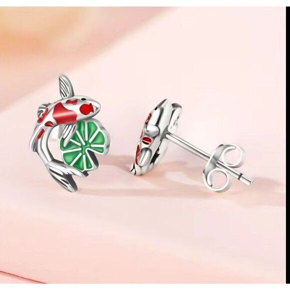 925 Sterling Silver Enamel Lucky Fish Lotus Earrings - Picture 2 of 4